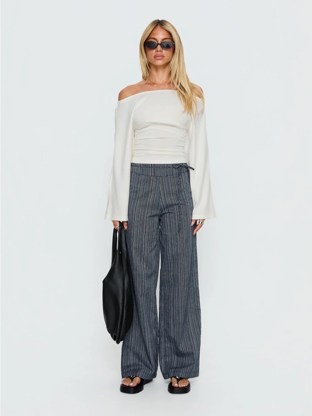 Wide-Leg Pinstripe Tie Pants in Navy